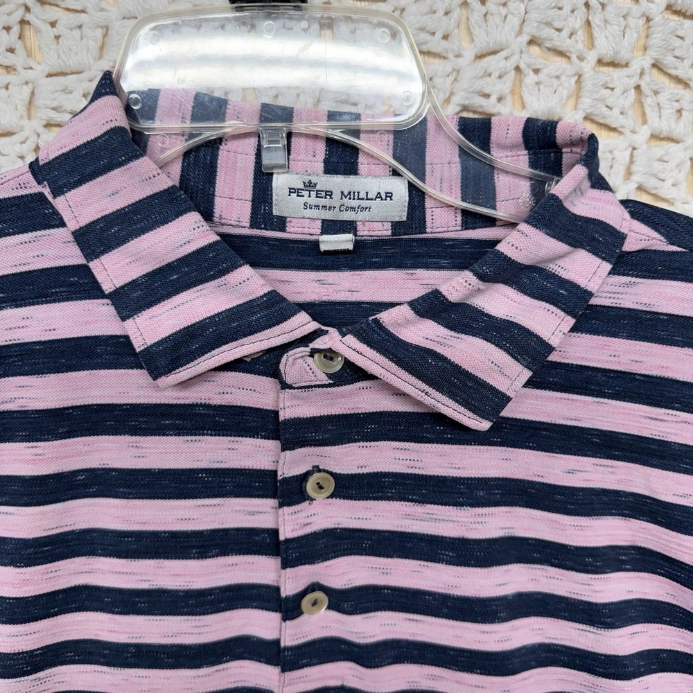 Peter Millar Shirt Men XL Pink Blue Stripe Summer Comfort Golf Performance Polo